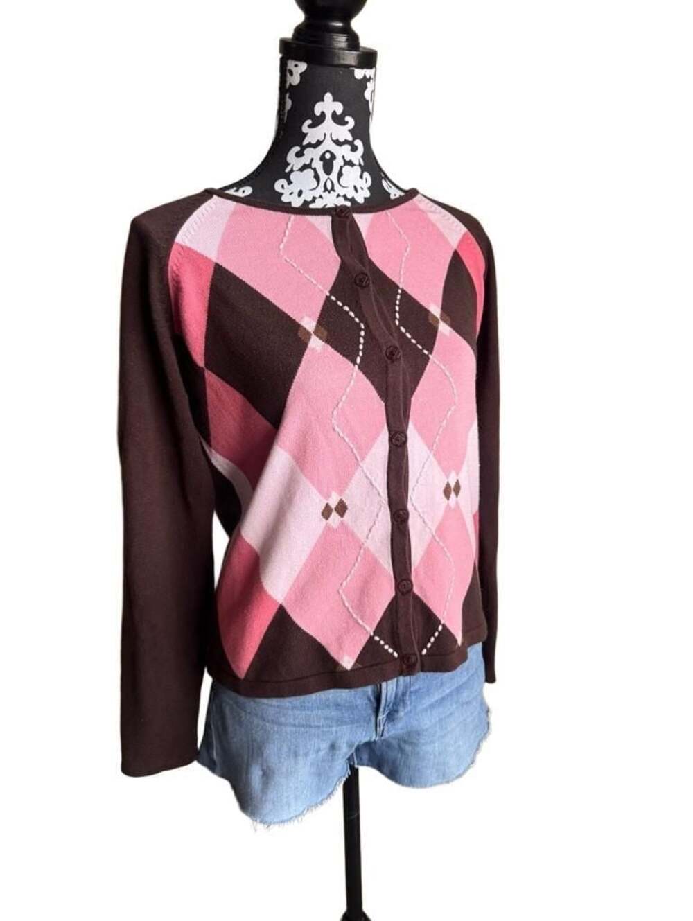 Preppy Y2K Pink Argyle Knit Cardigan Sweater Sz M